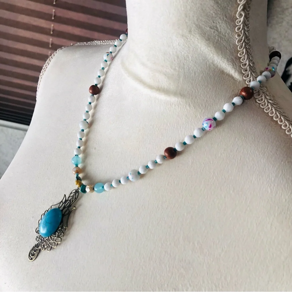Handcrafted large howlite filigree pendant beaded necklace